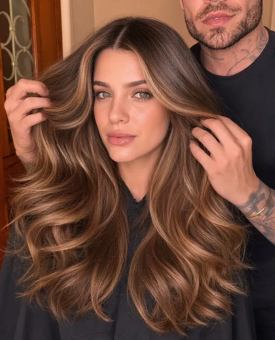 Cliente morena com iluminado quente, Neto ajeitando o cabelo